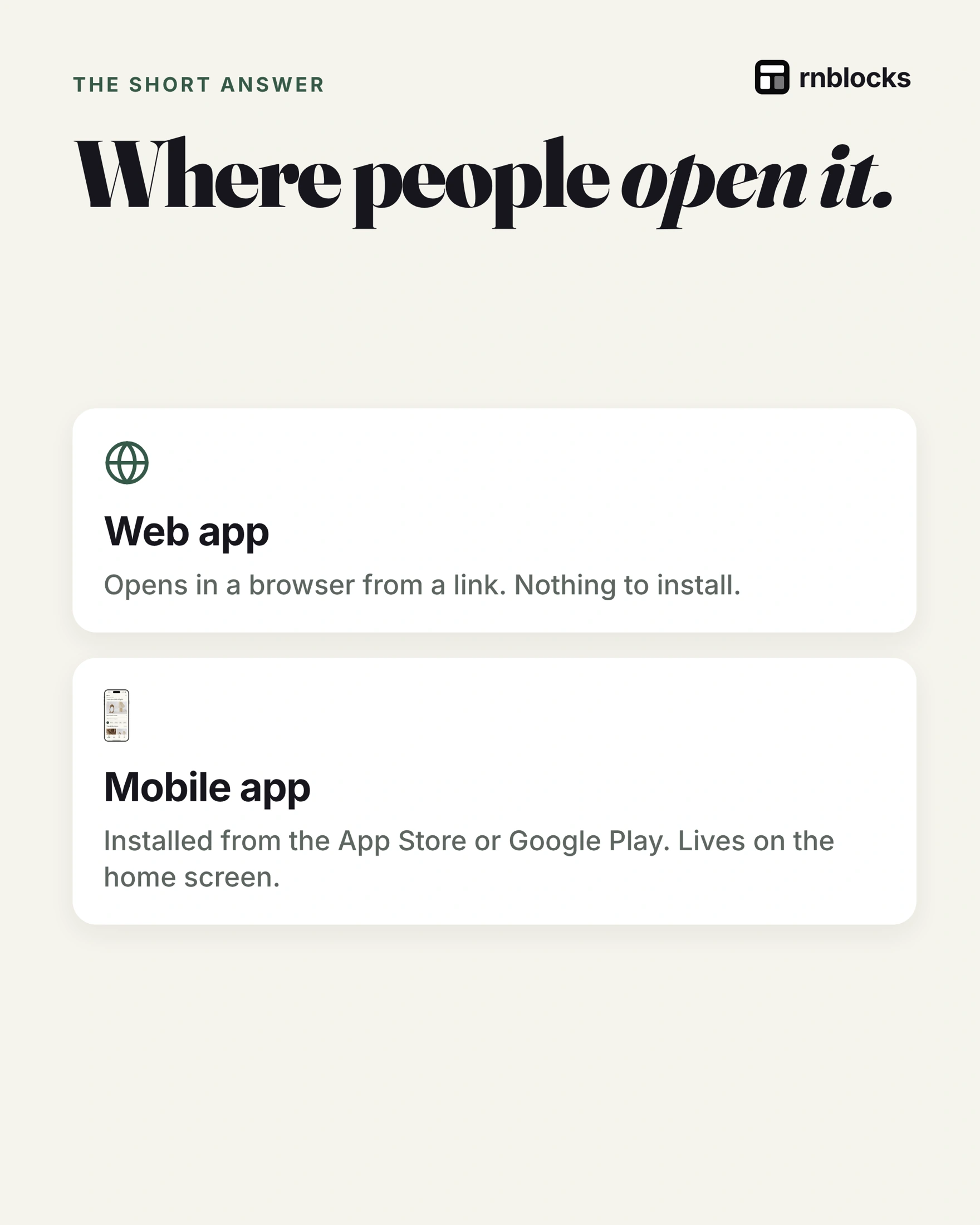 A web link and a separately installed mobile app have different distribution routes.