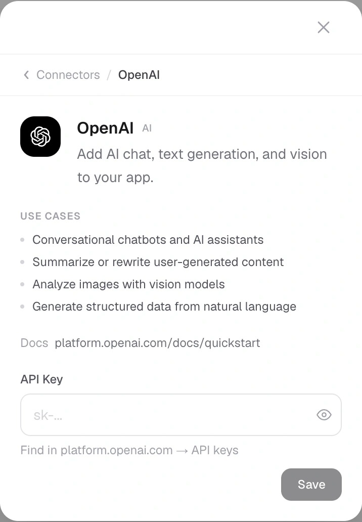 Keep provider secrets in the supported connection form, not in client code or ordinary chat.