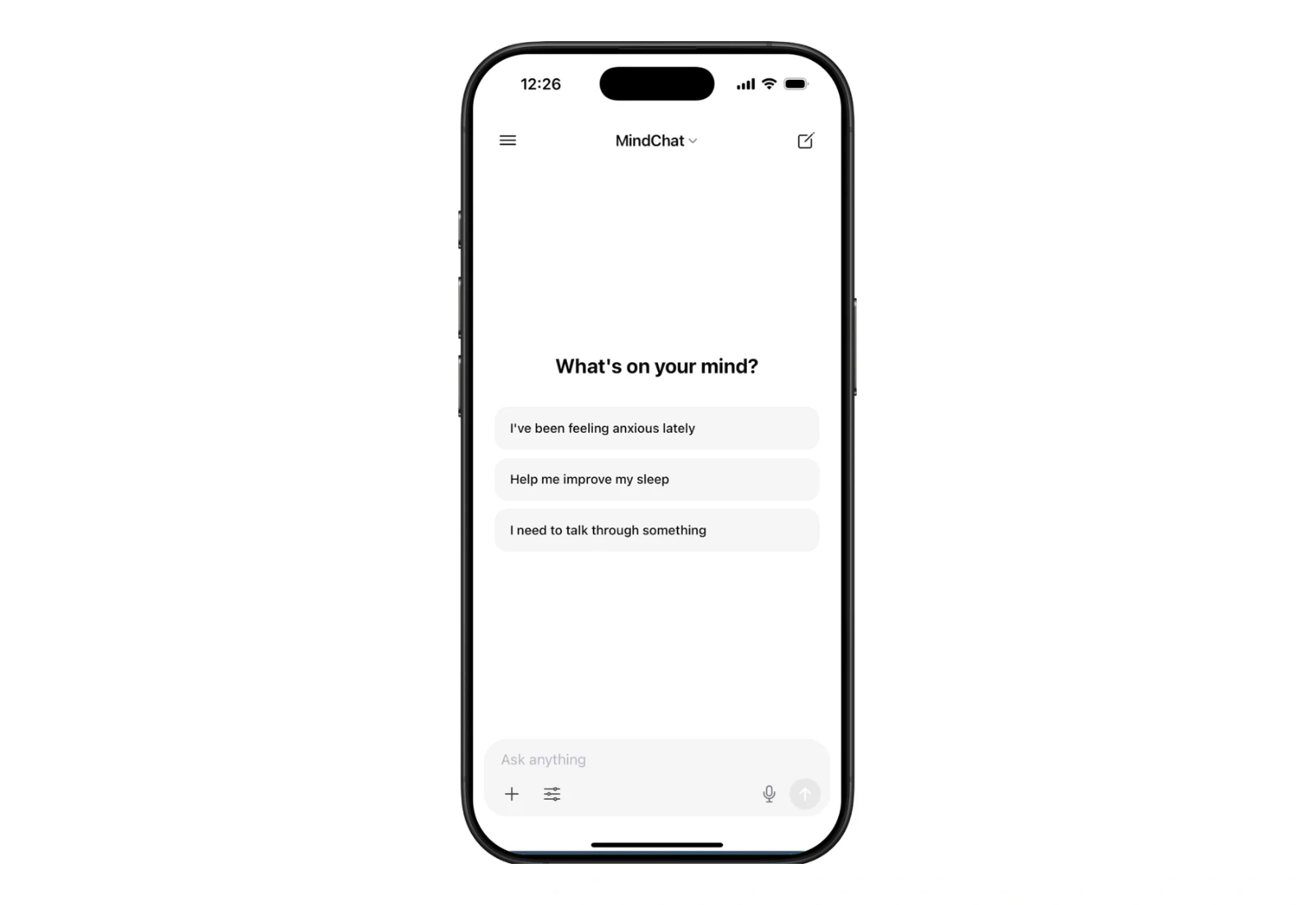 Actual MindChat app example screens.