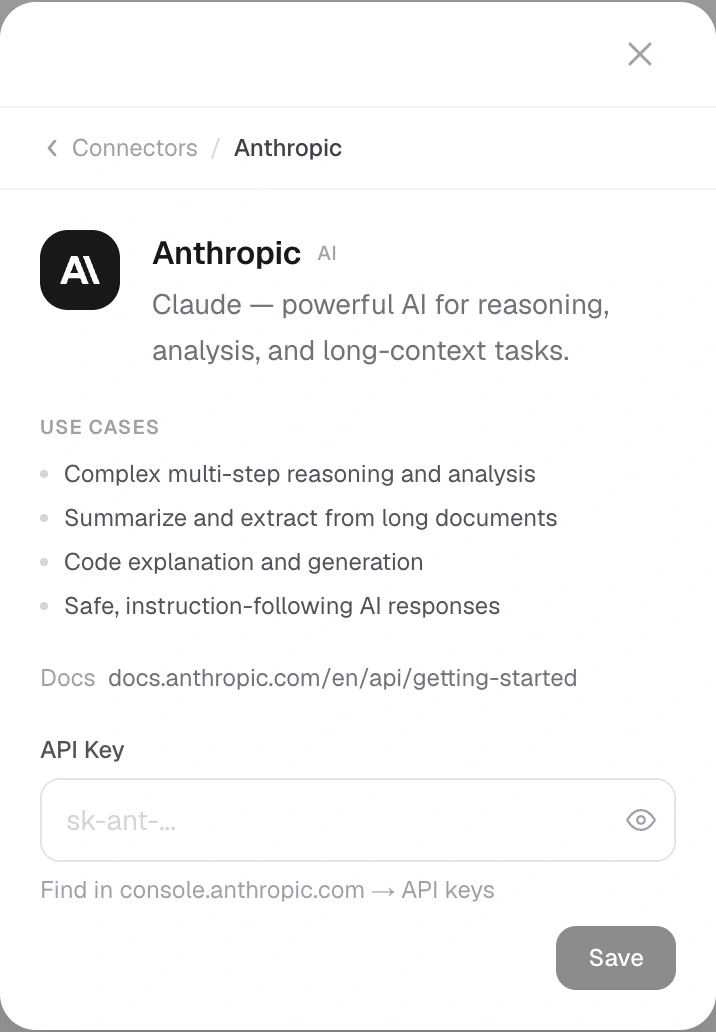 Connect the model provider before testing the app’s AI conversation.