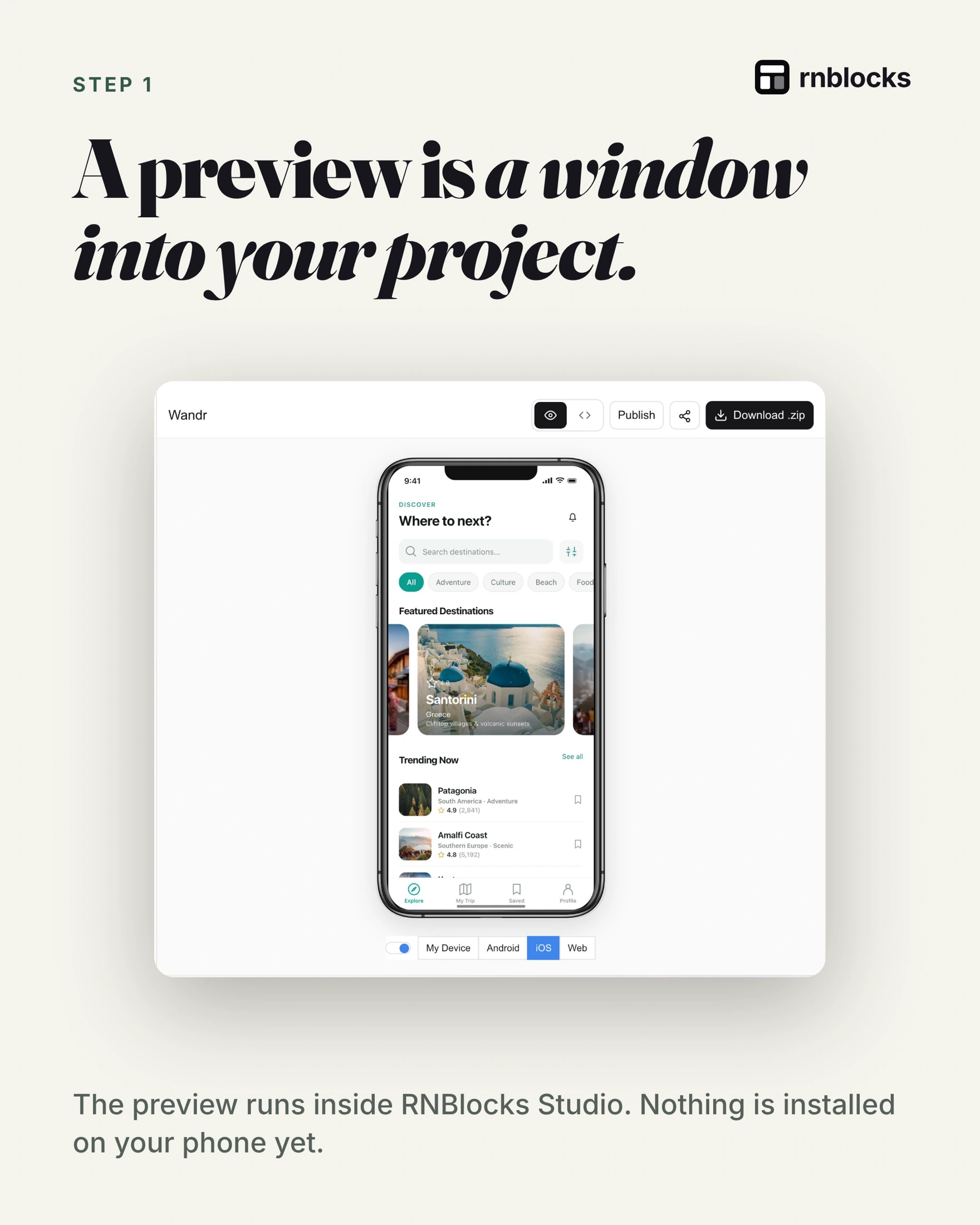 The preview runs your project; installing a separate app requires a suitable build.