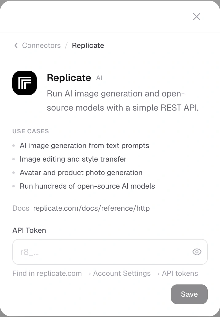 Connect Replicate and plan how generated images will be saved and displayed.