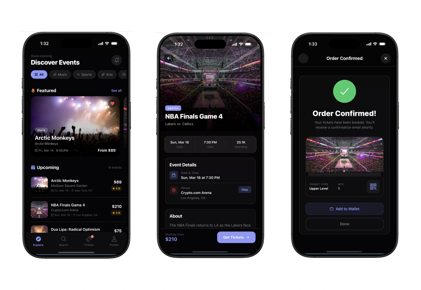 Actual TicketApp app example screens.