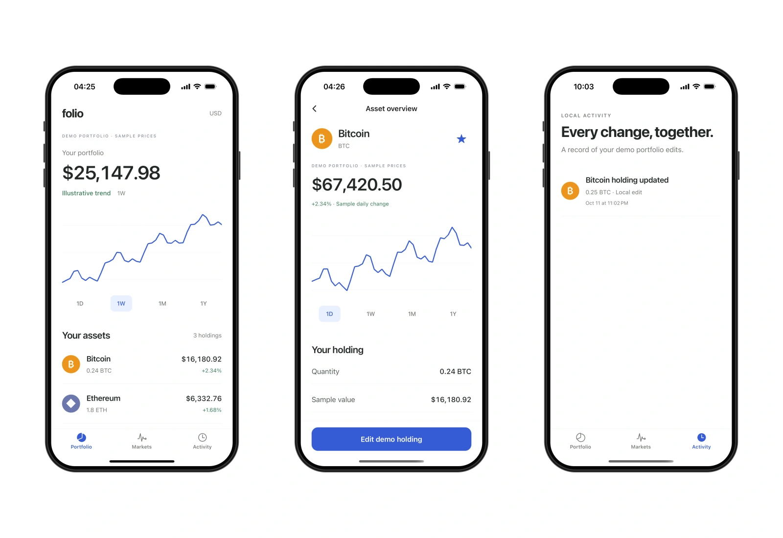 Actual Folio app example screens.