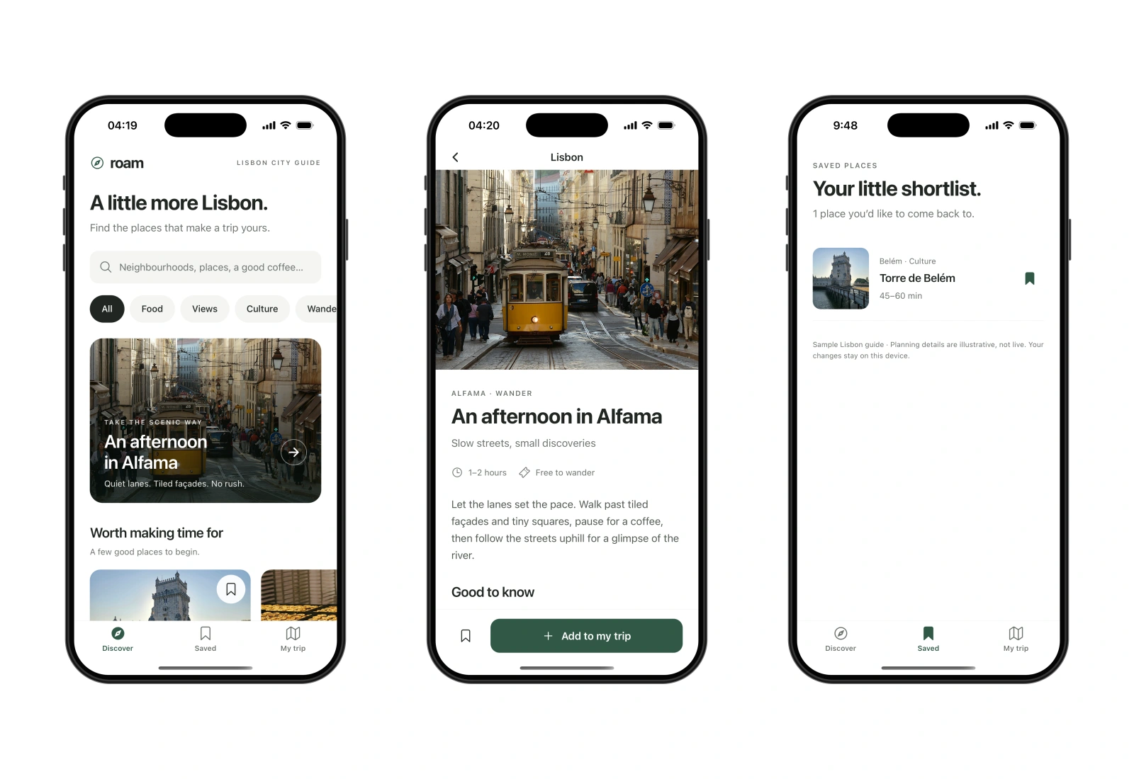 Actual Roam app example screens.