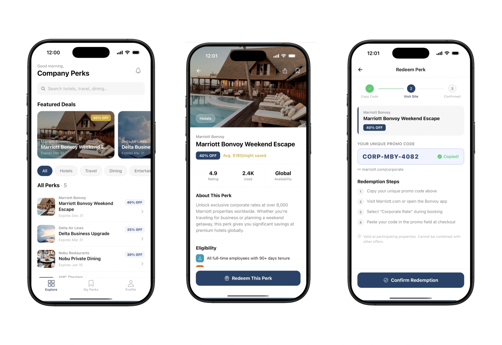Actual CompanyPerks app example screens.